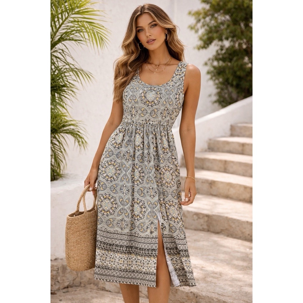 J. Jill Women's Sz SP Maxi Dress Rayon Blend Geometrical Boho Tribal Print